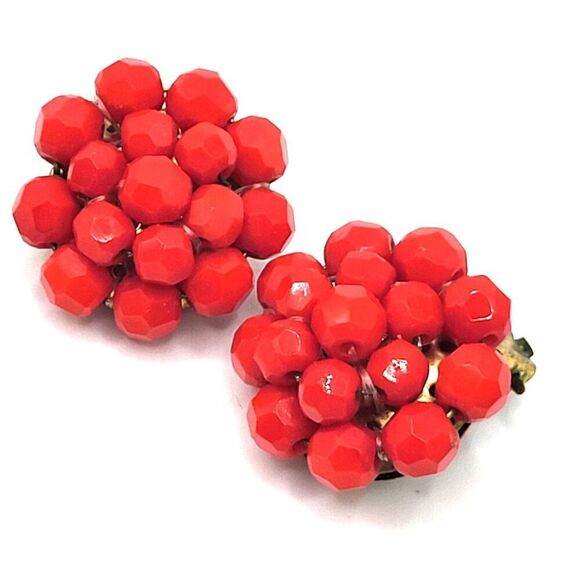 Vintage 80s Red Cluster Clip On Earrings Signed "West Germany" 1in wide - Picture 1 of 4